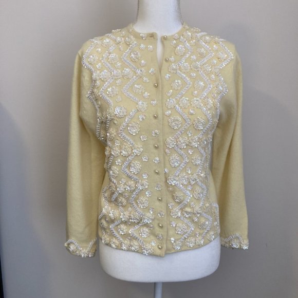Vintage MADEMOISELLE Hand-Beaded Cardigan, Pale Yellow, size S/M, stunni… - Picture 1 of 3